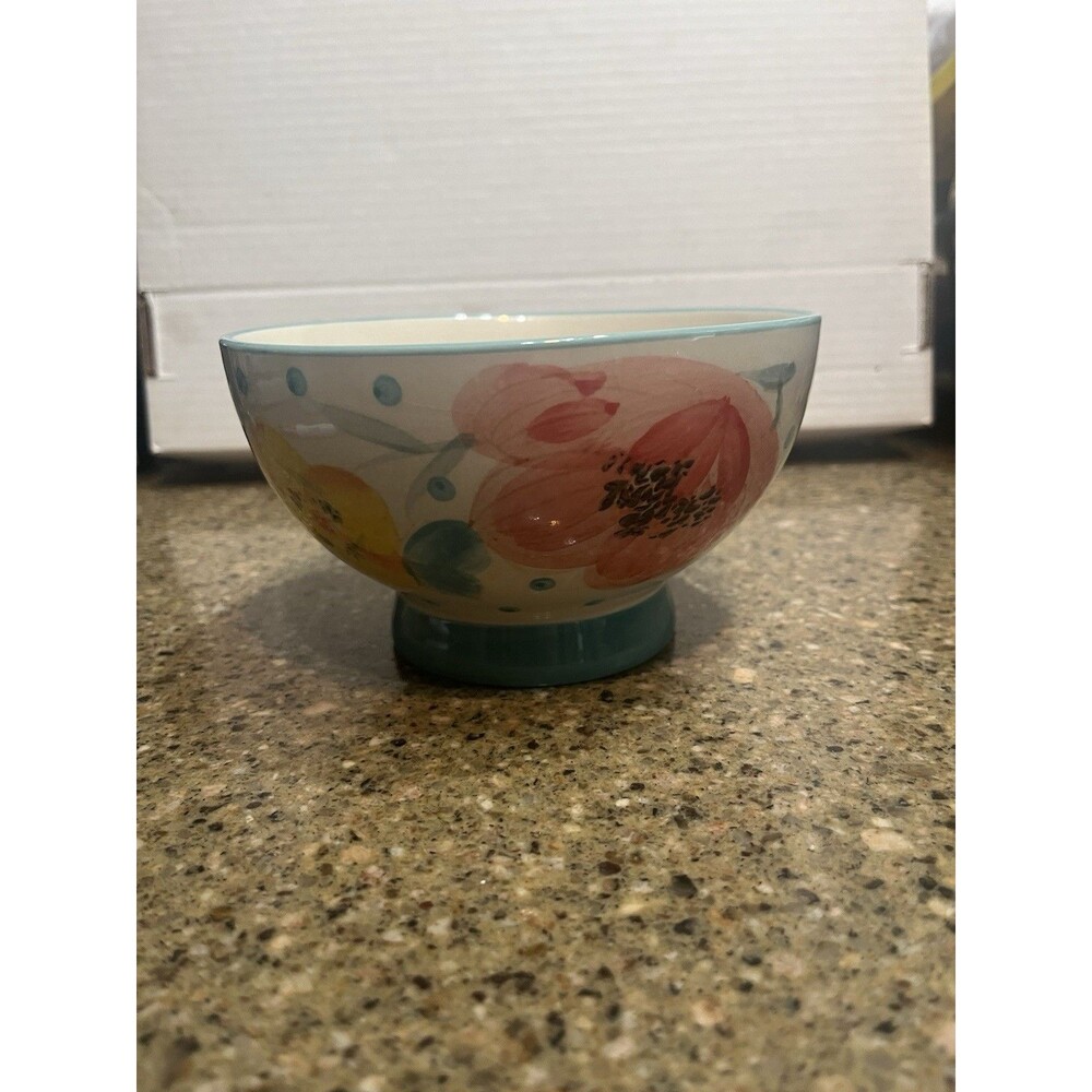 The Pioneer Woman Bloom Dots Turquoise 6" Stoneware Footed Bowl Vintage Bloom